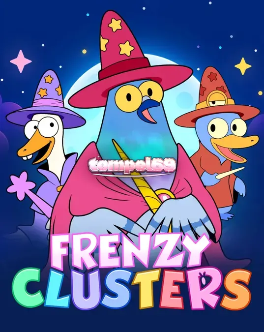 Tampilan antarmuka permainan slot Frenzy Clusters dengan karakter hero yang unik